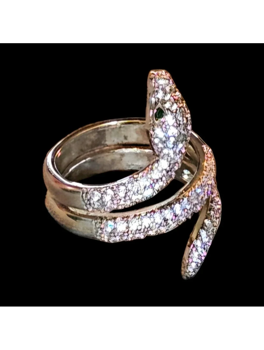 Adjustable Snake Ring Rhodium Plated Pave CZ Green Eyes Serpent Wrap Design